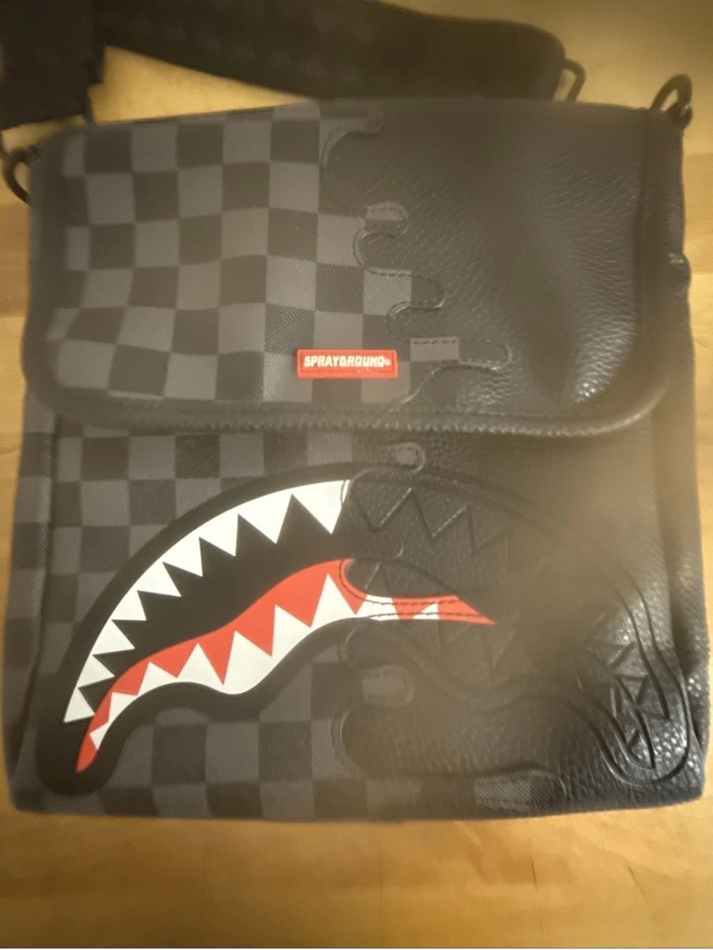 Sprayground Black Checker Shark Mouth Messenger Bag with Red & White Accent